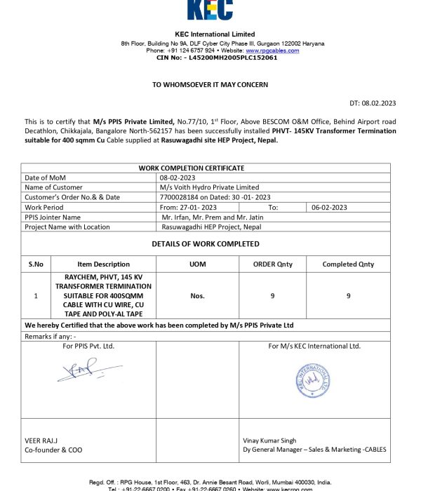 KEC Work completion certificate 09nos. Transformer Termination Kits for PPIS